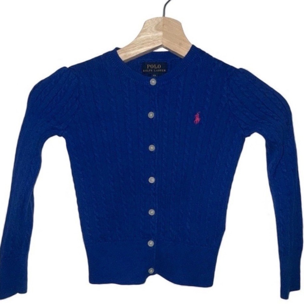 Girls Polo Ralph Lauren Royal Blue Preppy Cable Knit Cardigan Sweater Size 6X‎
